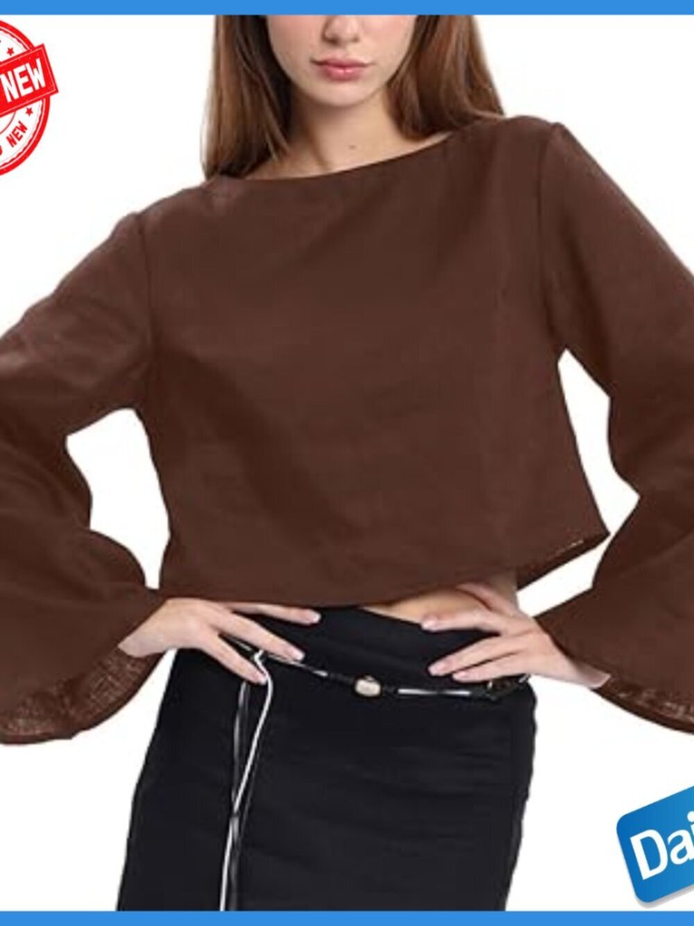 Linen Crop Top Long Sleeve Boat Neck Blouse Relaxed Fit Casual Wear